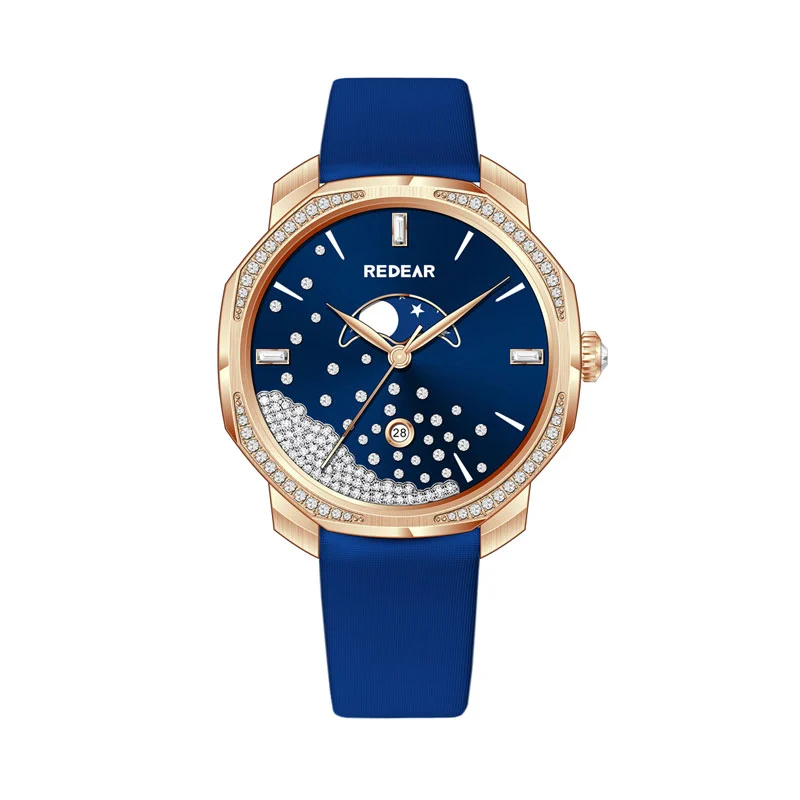 female luxurious ronda quartz watch with diamond set sunray dial and silk strap