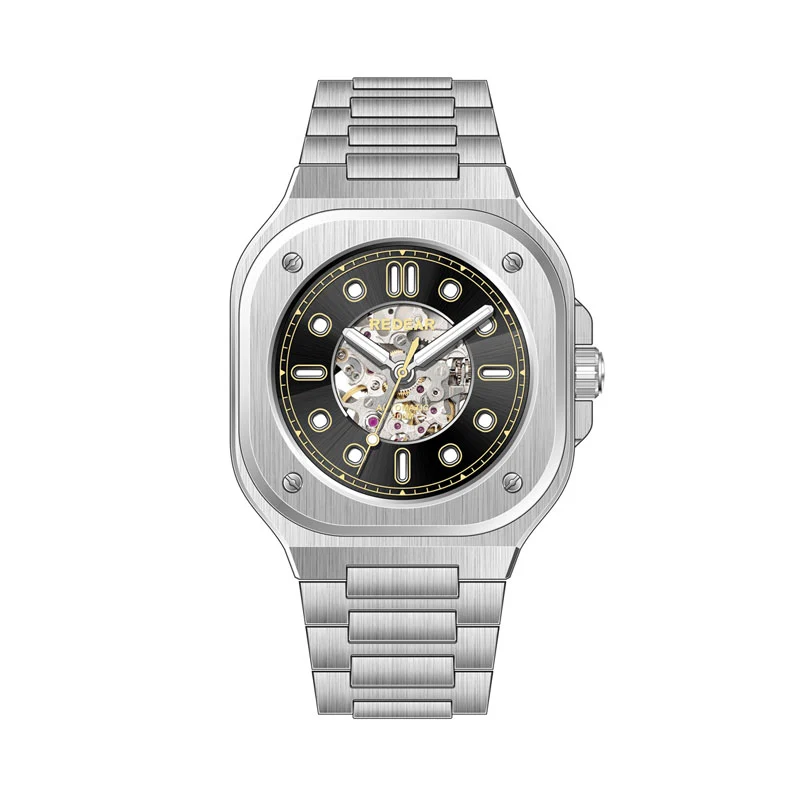 mens stylish mechanical watch with sunburst hollowed out dial design