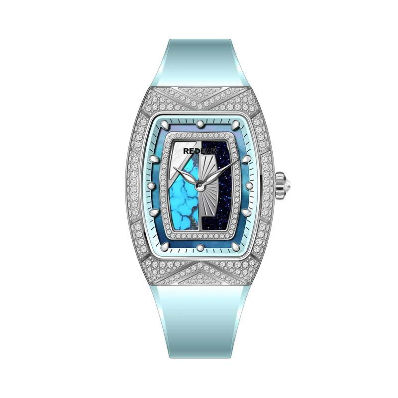 female stainless steel barrel shaped ronda quartz watch with starry diamond dial
